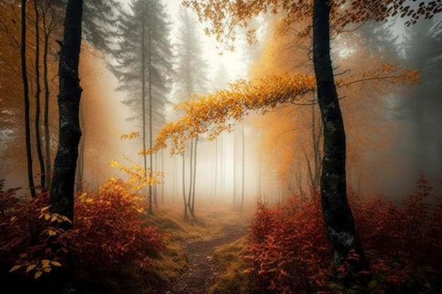 Autunno nella nebbia della foresta