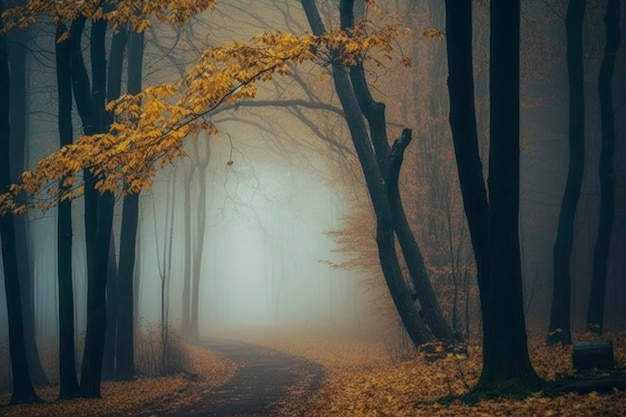 Autunno nella nebbia della foresta