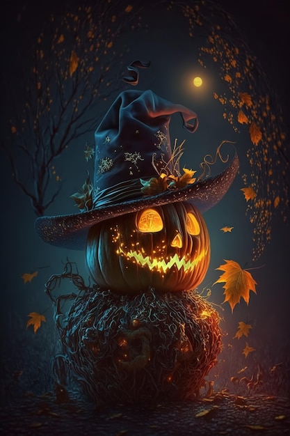 Autunno notte di Halloween una zucca con un cappello