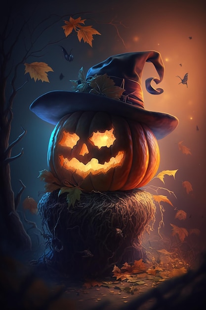 Autunno notte di Halloween una zucca con un cappello