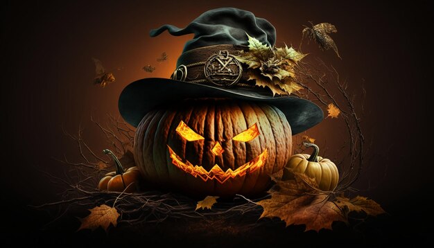 Autunno notte di Halloween una zucca con un cappello