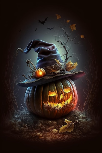 Autunno notte di Halloween una zucca con un cappello