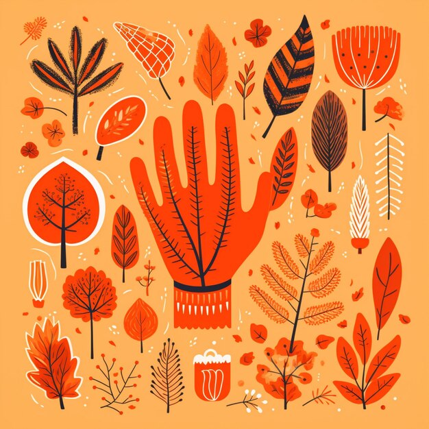 autunno piatto disegnato a mano su uno sfondo arancione foto di alta qualità