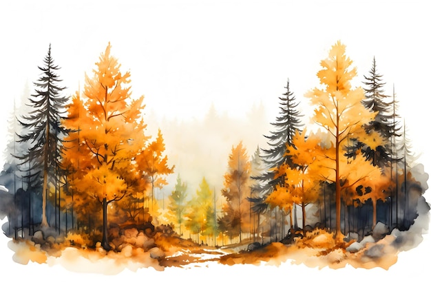 Autunno Pittura ad acquerello di un paesaggio forestale in autunno