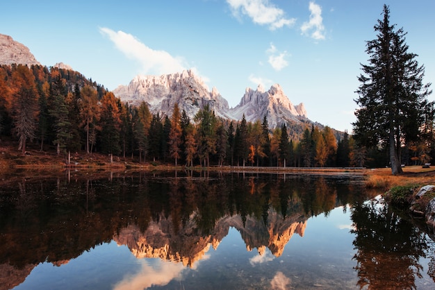 Autunno profondo. Splendide montagne in nuvole. Grande paesaggio. Bosco vicino al lago