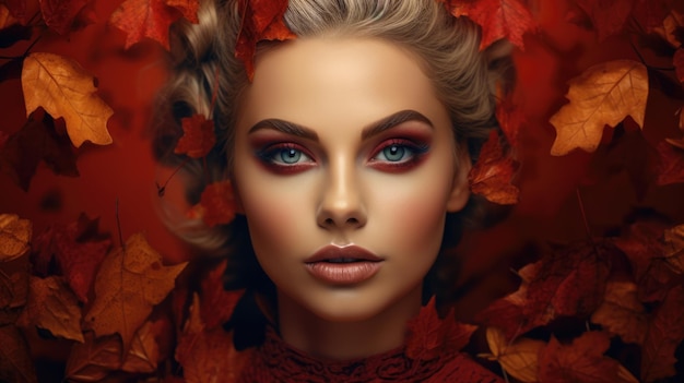 Autunno ritratto di donna di moda Autunno Bella modella con foglie d'autunno acconciatura Moda AI Art