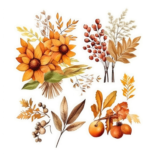 autunno spezie e fiori acquerello sublimazione clipart su sfondo bianco