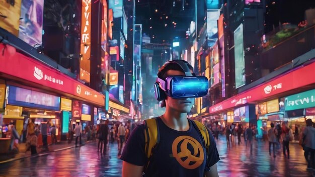 Avatar nel mondo virtuale del metaverso mondo VR occhiali VR telecamera mondo virtuale città e persone 3D