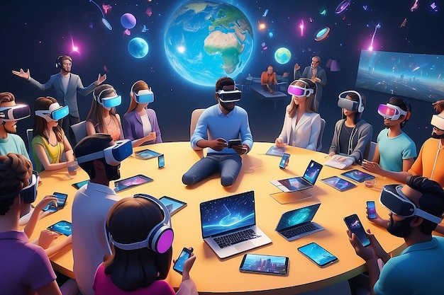 Avatars in Metaverse Party e incontri online tramite occhiali VR e smartphone nel mondo di Metaverse e le illustrazioni 3D della sandbox