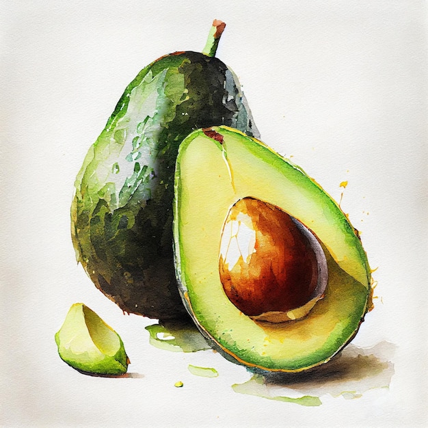 Avocado 2. Acquerello su sfondo di carta bianca. Tutti i frutti.