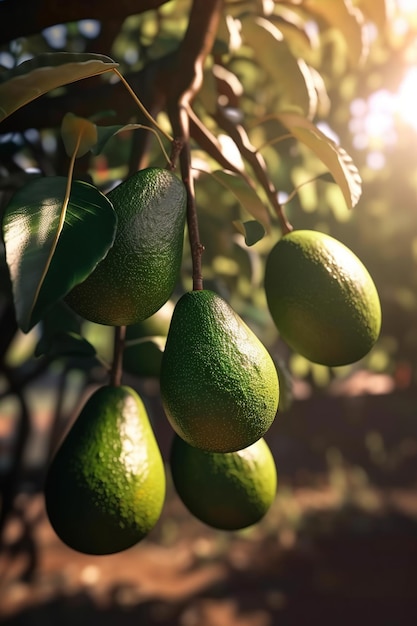 Avocado appesi che crescono su un primo piano dell'albero