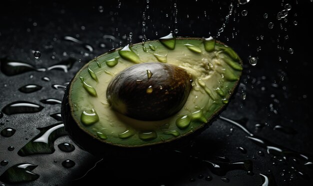 Avocado con gocce d'acqua su sfondo scuro IA generativa