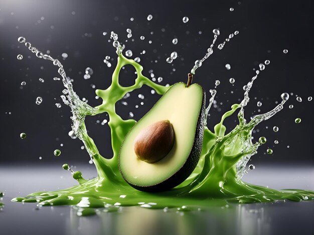 Avocado con spruzzo di succo su sfondo nero illustrazione 3D