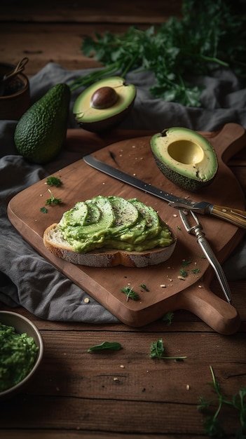 avocado cremoso estetico spalmato su una fetta di pane Generative AI