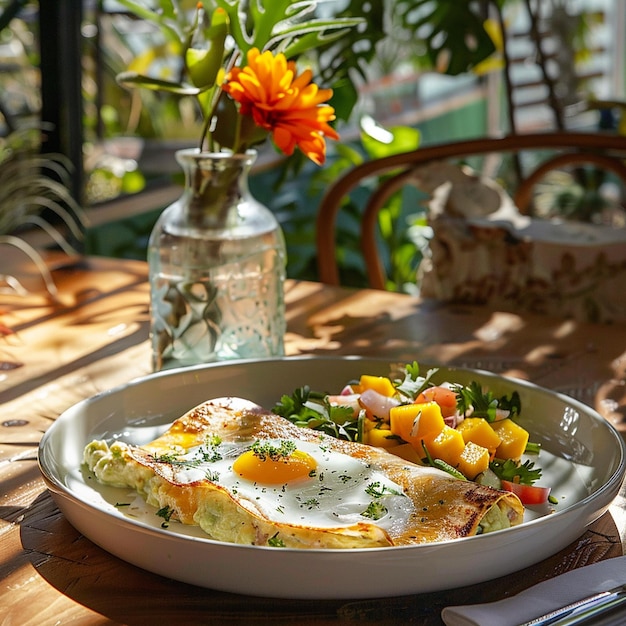 Avocado e fagioli Burrito Bowl con SunnySideUp Egg