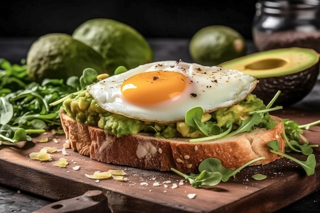 Avocado e fettine di uovo su crostini di pane alla rucola per una sana colazione o merenda