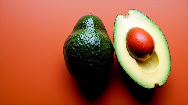 Avocado e mezzo avocado su sfondo rosso