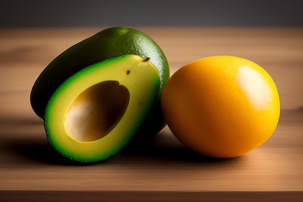 Avocado e un'arancia su una tavola di legno