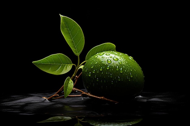 Avocado fresco con foglie su sfondo nero