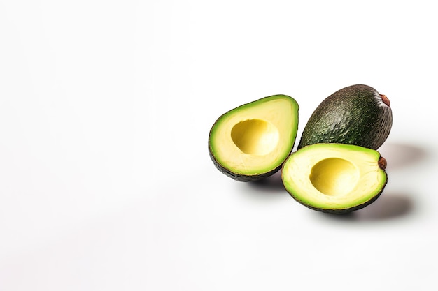 Avocado intero e mezzo isolato su sfondo bianco con copia spazio