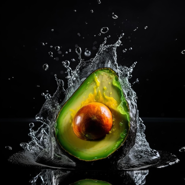 Avocado nella spruzzata di acqua su sfondo nero isolato