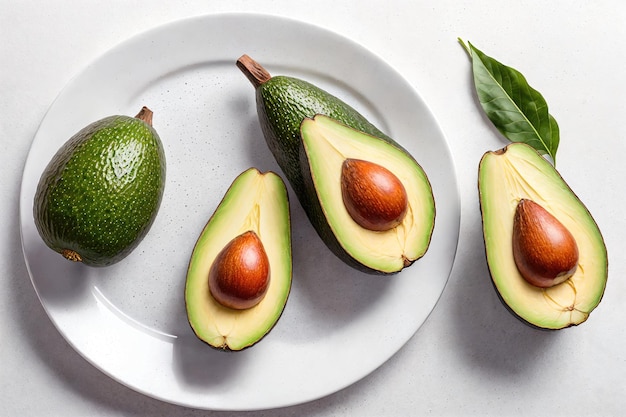 Avocado su un piatto con foglie sul lato