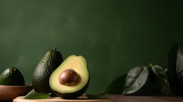 Avocado su un tagliere con foglie verdi