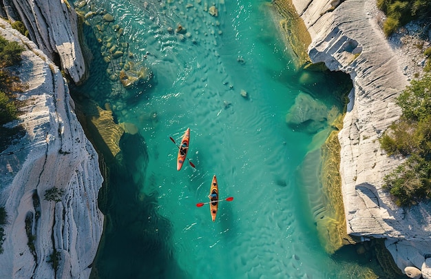 Avventura aerea due kayakisti remano attraverso acque turchesi in mezzo a terreni accidentati catturando l'essenza dell'esplorazione e la bellezza della natura