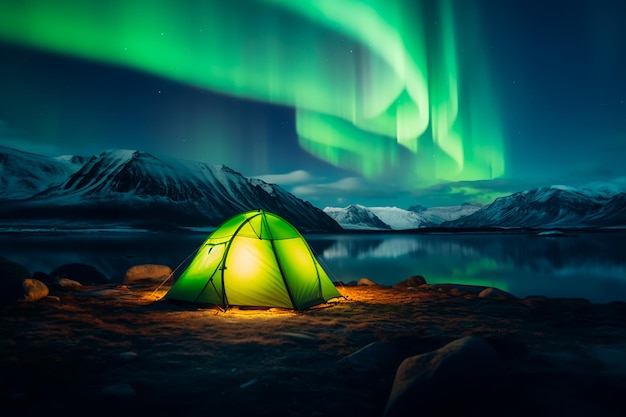Avventura all'aria aperta in campeggio in tenda di montagna nella neve e ai generati dalla luce dell'aurora boreale
