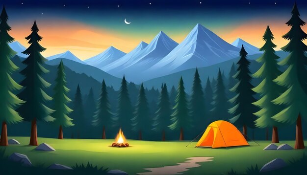 Avventura Camping Cartoon Night nella foresta di montagna