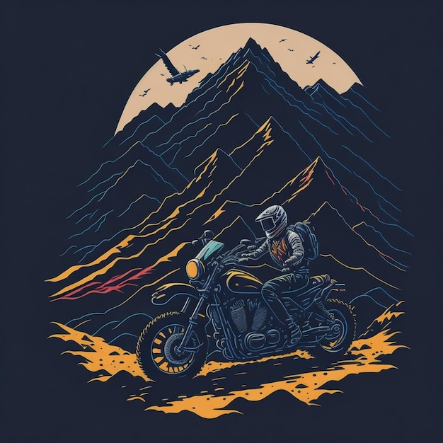 Avventura di motociclista in montagna nel tramonto Vintage retro concept per il design di magliette