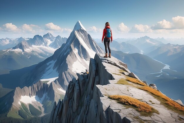 Avventura Donna in cima alla scogliera delle Montagne Rocciose Paesaggio aereo di montagna canadese dalla Columbia Britannica sullo sfondo 3d Rendering Peak