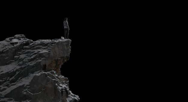 Avventura epica composita di una donna escursionista sulla cima di una montagna rocciosa con picco png ritaglio liberato