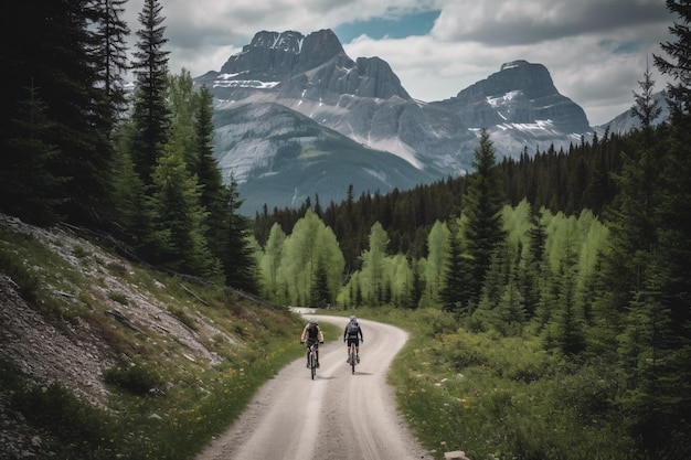 Avventura in bicicletta Due ciclisti percorrono strade panoramiche circondate da montagne e alberi Generative Ai