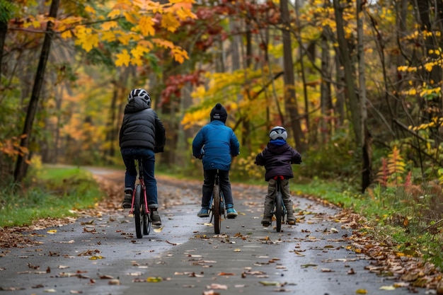 Avventura in bicicletta in famiglia in autunno