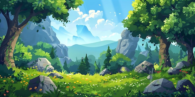 Avventura paesaggio montuoso Illustrazione con erba verde per l'animazione di sfondo cartone animato 2d