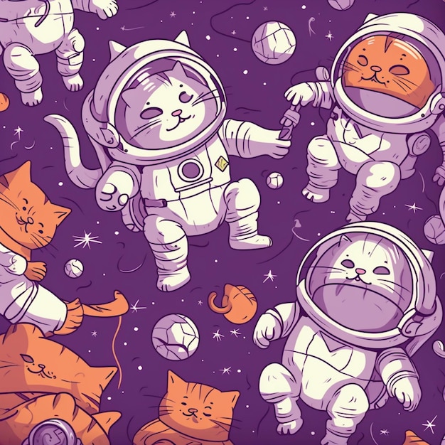 Avventura spaziale viola sullo sfondo del gatto dei cartoni animati