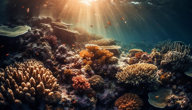 Avventura subacquea Close Up di una scuola multicolore di pesci che nuotano generata dall'intelligenza artificiale