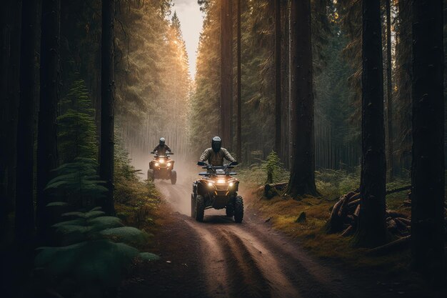 Avventurati con gli amici sull'ATV guidando attraverso la foresta e vivendo la natura nella sua pienezza