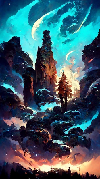 Avventure nella foresta nell'illustrazione 3D del cielo notturno