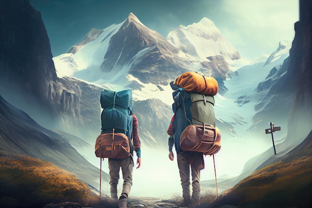Avventurieri con valigie per viaggiare in montagna