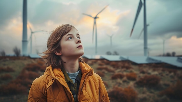 Avventuriero che guarda il tramonto tra le turbine eoliche x un concetto di energia pulita