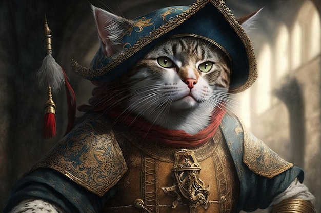 Avventuriero conquistador conquistatore spagnolo come gatto famoso personaggio storico ritratto illustrazione generativa ai