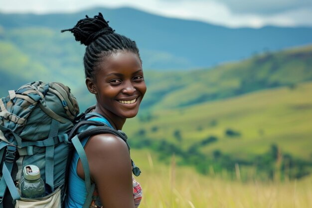 Avventurosa donna africana che fa escursioni in montagna Genera Ai