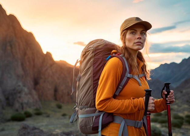 Avventurosa donna Trekking in alta montagna che esplora l'avventura della natura dei grandi spazi aperti