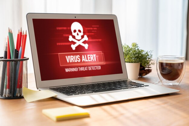 Avviso di avvertimento di virus sullo schermo del computer rilevato minaccia informatica moderna hacker virus informatici e malware