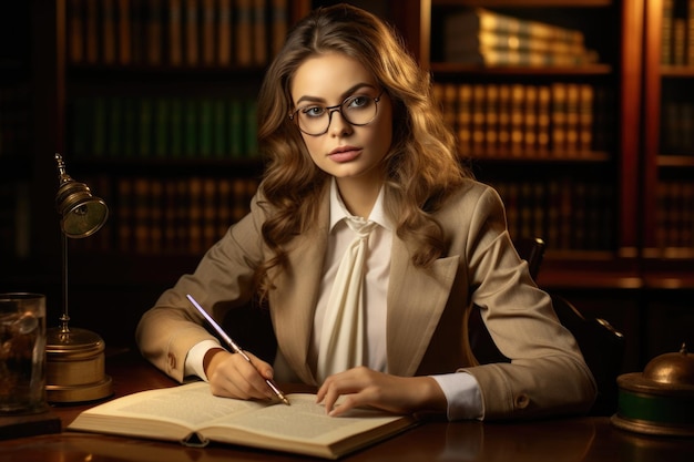 Avvocata attraente in abito da lavoro che scrive un articolo di legge in un ufficio librario.