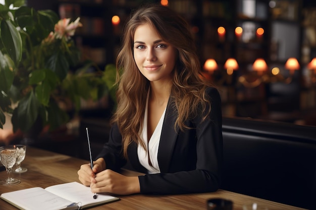Avvocato donna in giacca e cravatta sul posto di lavoro con il computer portatile