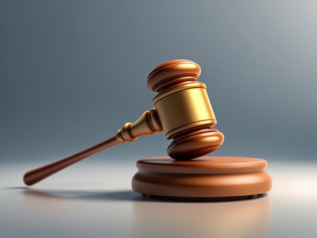 Avvocato giudice e concetto di giustizia con un primo piano 3D di un martello su un desktop in legno con sfondo marrone
