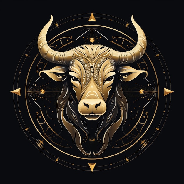 Awesome logo di un simbolo dello zodiaco Taurus linea arte oro e nero sfondo nero con un sacco di oro